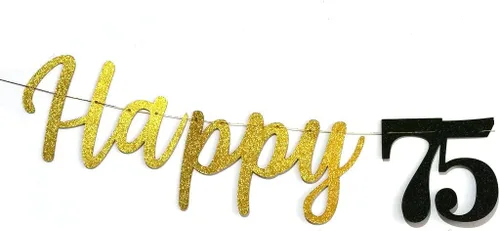 Vista 5 de Cartel de feliz cumpleaños 75 con purpurina, cartel de feliz cumpleaños 75 negro y dorado, suministros de decoración de fiesta de cumpleaños 75