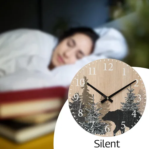 Vista 5 de SwallowLiving Reloj de pared con oso de cabaña, 12 pulgadas, silencioso, sin tictac, bosque de madera, vida silvestre, montaña, cabaña, reloj