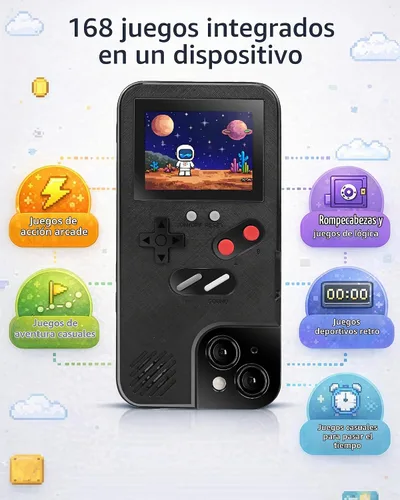 Vista 2 de Funda para teléfono de juegos, 168 videojuegos pequeños integrados, color negro, compatible con iPhone 12 Mini