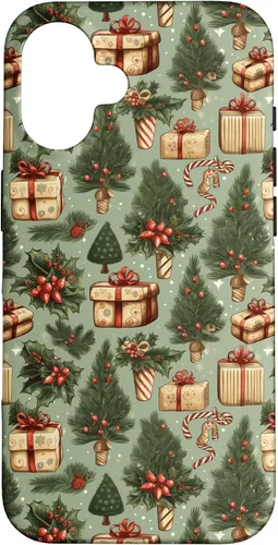 Vista 32 de Vintage Christmas Theme Holiday Trees, Presents, Teal, Bows Case for iPhone 17