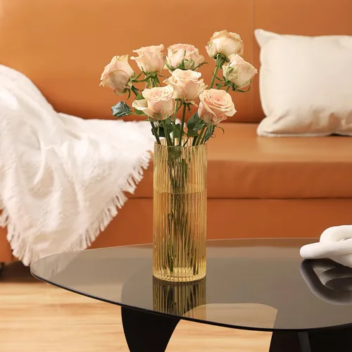 Vista 8 de Jarrón de vidrio ámbar, florero de cristal, jarrón de vidrio acanalado, moderno jarrón para flores, jarrón alto de vidrio para sala de estar, mesa