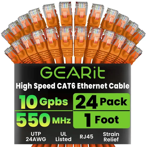 Vista 29 de GEARit Paquete de 24 cables Ethernet Cat6 de 0.5 pies Cable de conexión de red RJ45, conectores chapados en oro sin enganches de 10 Gbps, cable