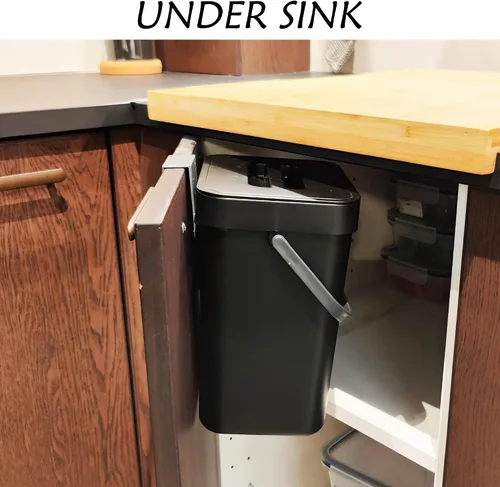 Vista 3 de stonespace Cubo de compost de cocina para encimera, pequeño bote de basura colgante con tapa debajo del fregadero para cocina y baño, cubo de Negro
