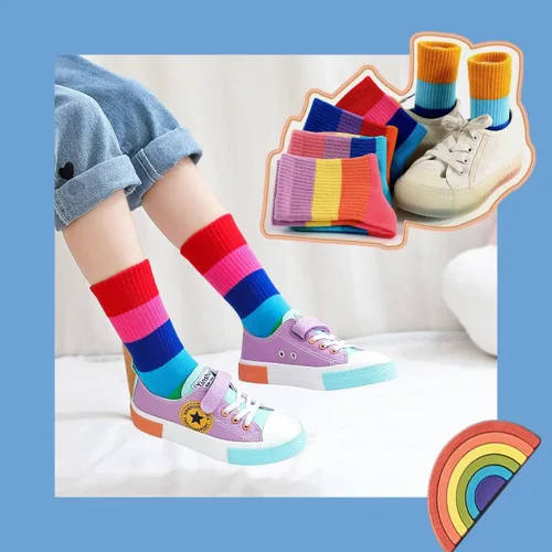 Vista 6 de Calcetines de algodón sin costuras para niñas, calcetines casuales para la escuela, con rayas arco iris, paquete de 5