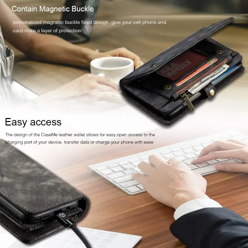 Vista 6 de Funda para Samsung Galaxy Note 10 Plus, funda de cuero con cremallera, funda magnética desmontable con ranuras para tarjetas de crédito, soporte