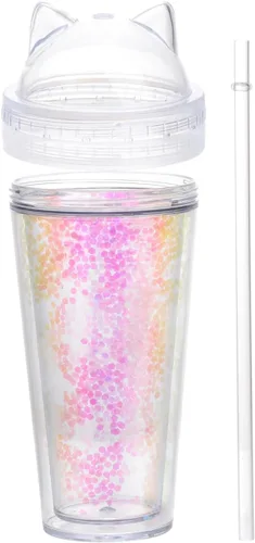 Vista 3 de UPKOCH Vaso de agua de doble pared con forma de oreja de gato, vaso de paja de plástico con lentejuelas, elegante botella de bebida reutilizable