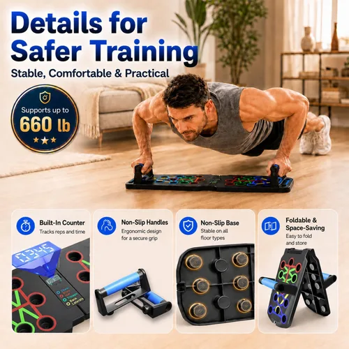 Vista 5 de Push Up Board with Smart Counter, Foldable Home Workout Equipment for Men, Portable Pushup Board with Non-Slip Handles for Chest, Shoulders, Back &