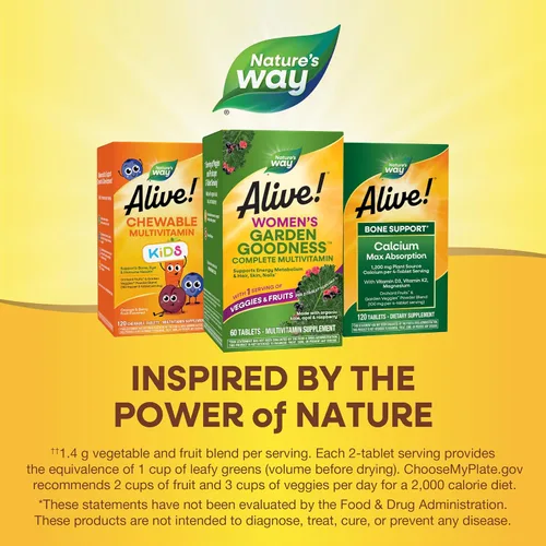 Vista 7 de Nature's Way Alive! Women's Garden Goodness Multivitamínico completo, 1 porción de verduras y frutas por porción de 2 tabletas, con col rizada