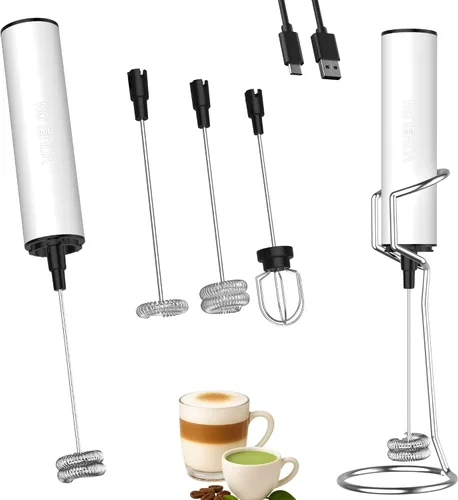Vista 8 de Espumador de leche recargable con soporte, fabricante de espuma de batidor eléctrico, potente mezclador de bebidas USB C de 2 velocidades para café