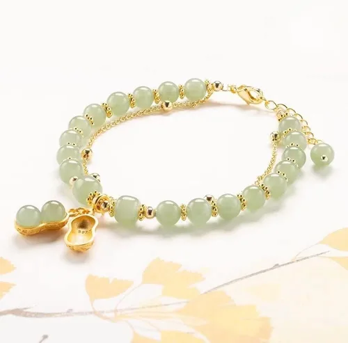 Vista 2 de SJDOFU Pulsera de cuentas de jade Hetian Jade Peanut Colgante Pulsera elástica para mujer (verde claro), Esmeralda, Jade