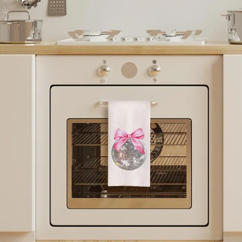 Vista 3 de Toallas de Cocina Coquette con Lazo Rosa Bola de Discoteca, Toallas de Mano Preppy Rosa para Baño, Decoración de Baño Coquette Preppy, Toallas