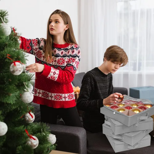 Vista 7 de ProPik 4 cajas de almacenamiento de adornos navideños con divisores, cierre de cremallera superior transparente, 4 bandejas individuales para Gris