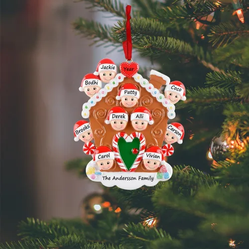 Vista 2 de Adorno personalizado de casa de pan de jengibre 2025, decoraciones de casa para familia de 10, adorno de primera Navidad en nuestro nuevo hogar