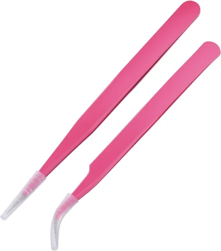 Vista 2 de Hotop 2 Piezas Pinzas de punta recta y curva para extensiones de pestañas, Herramientas de aplicación de pestañas postizas de acero inoxidable rosa.