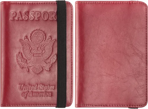 Vista 4 de Funda para pasaporte, cartera de viaje con bloqueo RFID de alta calidad, cuero vegano genuino, Rojo