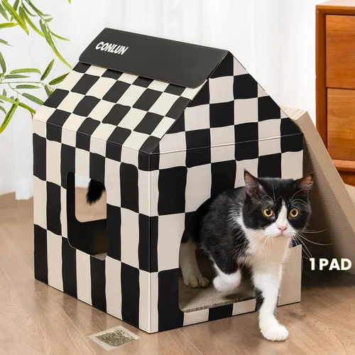 Vista 10 de Conlun Casa de cartón para gatos con almohadilla para rascar y hierba gatera, casa rascador para juegos de gatos para muebles de interior, rascador