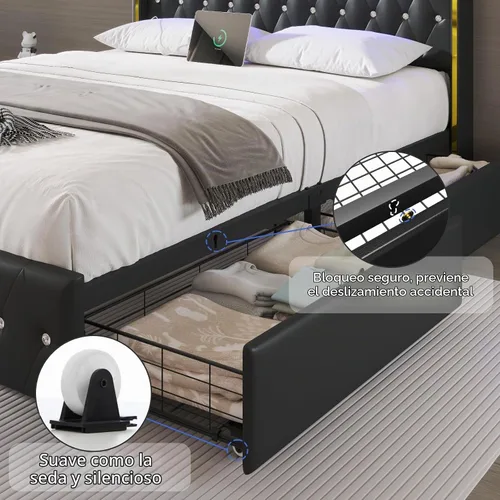 Vista 9 de Marco de cama de tamaño matrimonial, cabecero, 4 cajones de almacenamiento, luces LED, color negro