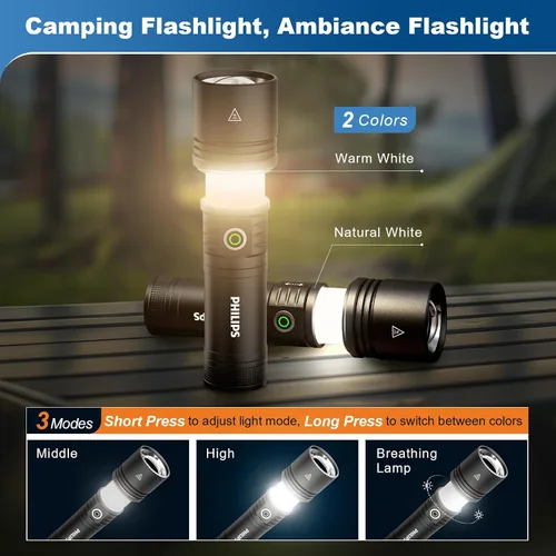 Vista 5 de Linternas Philips recargables de alto lúmenes con lente de encendido, linternas tácticas de 2500 lm con lámpara de camping, linterna LED de 2