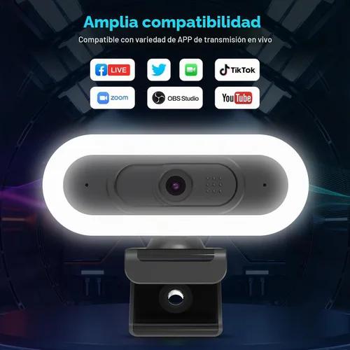 Vista 8 de Cámara web de transmisión ToLuLu 2K 50FPS, cámara web LED RGB con micrófono y luz, cámara de computadora con enfoque automático con cubierta