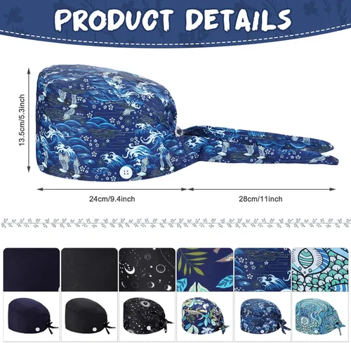 Vista 2 de Geyoga 6 piezas de gorras bouffant para trabajo y quirúrgicas, gorras de enfermera con botones y banda para el sudor, ajustable, con lazos