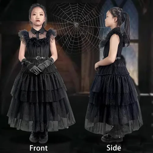 Vista 2 de KLFFLGID Wednesday Addams - Vestido de Halloween para niñas con guantes, cinturón y calcetines, traje de cosplay de la familia Addams