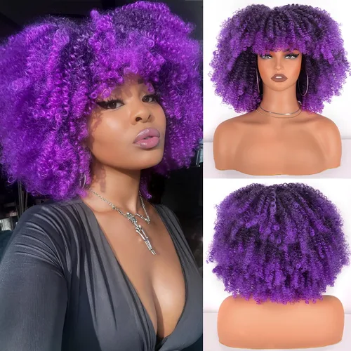 Vista 30 de Vitorish Peluca corta afro rizada con flequillo para mujeres negras, peluca sintética resistente al calor, color negro natural, para uso diario