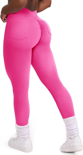 Vista 2 de SEASUM Leggings de entrenamiento con parte delantera y trasera en V para mujer, con bolsillos, cintura alta, pantalones de yoga para gimnasio