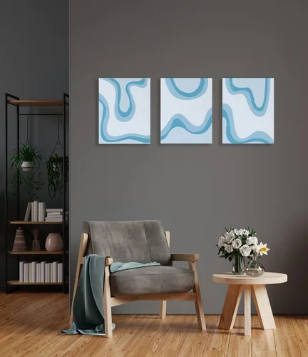 Vista 2 de LiTiu Arte abstracto de color azul cielo degradado con ondas fundidas de los años 70, arte de pared con marco retro, 11 x 14 pulgadas, juego de 3
