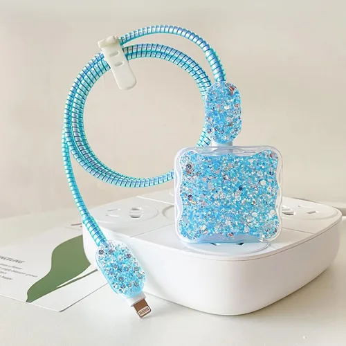 Vista 6 de CameCosy Protector de cable de lujo compatible con cargador de iPhone, diseño de borde ondulado con purpurina, funda USB de línea de datos, Azul