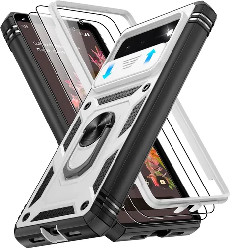 Vista 182 de Gritup Funda para Google Pixel 6 con cubierta deslizante para cámara y protector de pantalla (2 unidades), soporte de anillo giratorio 360°, funda