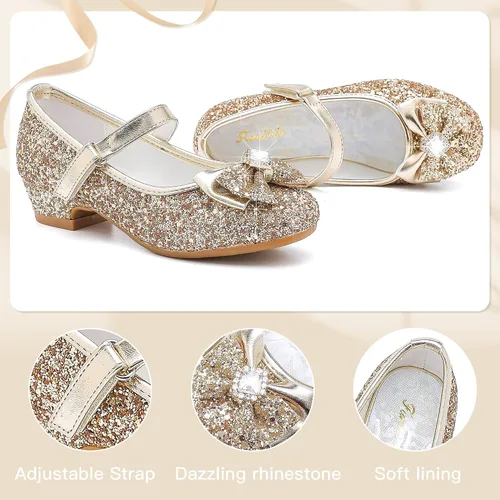 Vista 4 de Furdeour Zapatos de vestir para niñas, zapatos de princesa Mary Jane para bodas, flores, damas de honor, tacones con purpurina para niños pequeños