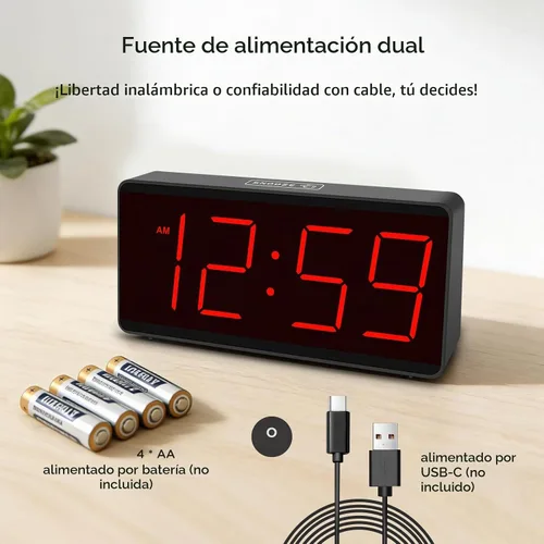 Vista 2 de Peakeep Reloj despertador digital con pilas para dormitorios con números Dígitos rojos