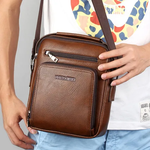 Vista 2 de Hebetag Bolso bandolera de cuero pequeño para hombres y mujeres, para viajes al aire libre, negocios