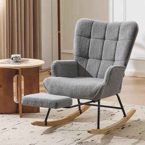 Vista 10 de Furniliving - Mecedora tapizada para cuarto de bebé, silla deslizante, mecedora moderna con reposapiés retráctil, silla de lectura con respaldo