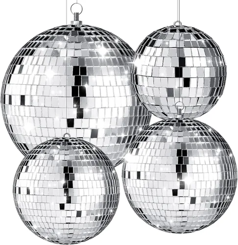 Vista 7 de 4 piezas de decoración de bola de discoteca grande - bolas de discoteca colgantes plateadas con espejo ornamental para decoración de Año Nuevo
