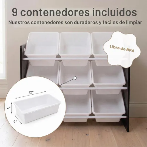 Vista 4 de Humble Crew Organizador de almacenamiento de juguetes con 9 contenedores de Espresso/Blanco