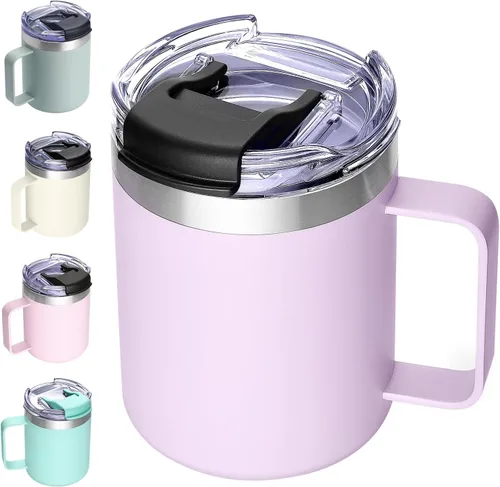 Vista 38 de Taza de café aislada de 12 onzas con asa, taza de café de viaje de acero inoxidable con tapa abatible, vaso de café de doble pared con aislamiento