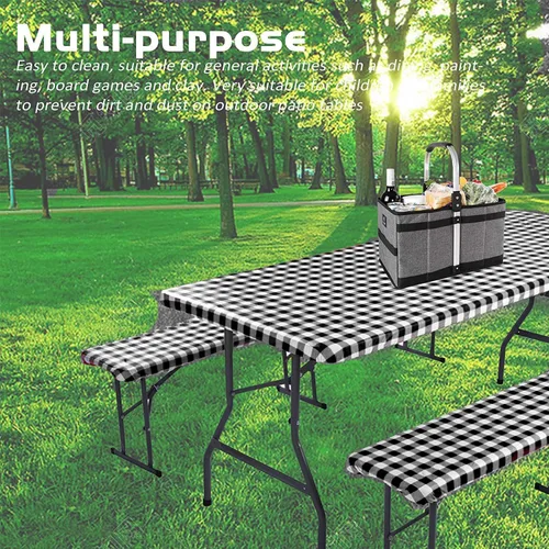 Vista 7 de Funda de mesa de picnic con fundas de banco de 8 pies para cualquier mesa de picnic de 96 x 30 pulgadas, juego de 3 piezas para mesa rectangular