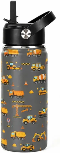 Vista 17 de Botella de agua de 16 onzas para niños, linda botella de acero inoxidable aislada con tapa abatible con popote abatible a prueba de fugas, taza