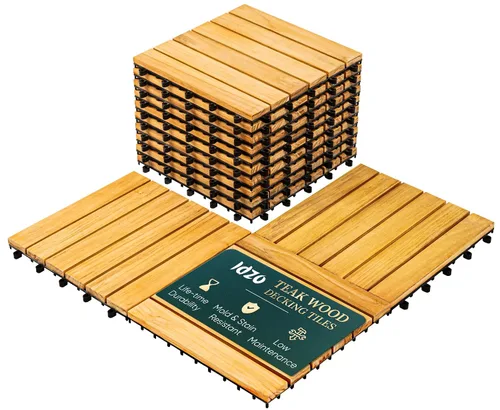 Vista 8 de Idzo Azulejos entrelazados para terrazas – 10 azulejos de madera de teca maciza con acabado aceitado, azulejos para interiores y exteriores