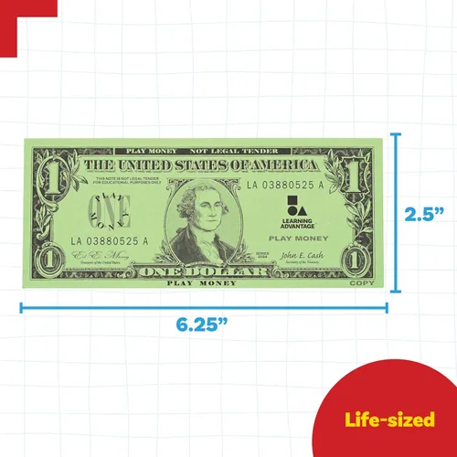 Vista 3 de LEARNING ADVANTAGE Billetes de juego de un dólar Juego de 100 Tamaño como efectivo real Dinero de juego para enseñar moneda y contar