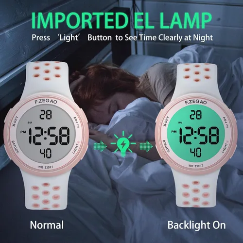 Vista 4 de Reloj digital unisex de 10ATM con cronómetro, alarma, cuenta regresiva, doble hora con banda de silicona suave de doble inyección, Rosa-Blanco