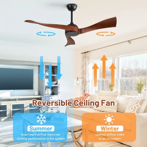 Vista 5 de CACI Mall Ventiladores de techo de madera de 52 pulgadas sin luces, sólido, ventilador de techo de 3 aspas para interiores y exteriores, sin luz