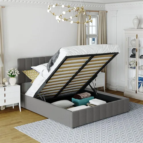 Vista 3 de Bellemave Cama de plataforma tapizada de tamaño matrimonial con almacenamiento hidráulico de elevación, base de cama matrimonial tapizada con Beige