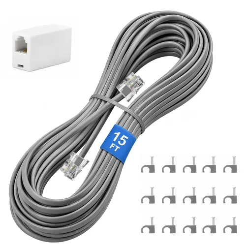 Vista 24 de Uvital Cable de extensión de teléfono de 15 pies, acoplador RJ11 y clips de Negro