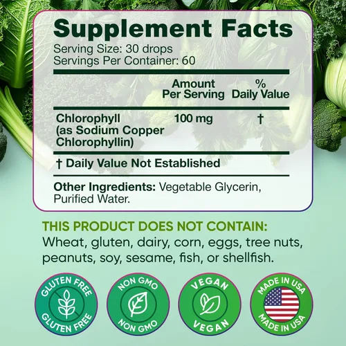 Vista 16 de Paquete de 2 Gotas Líquidas de Clorofila 6000MG – Gotas Líquidas de Clorofila Natural para Desintoxicación, Energía, Piel – Desodorante Interno