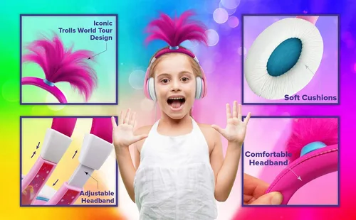 Vista 3 de Trolls World Tour Poppy - Auriculares para niños, brillan en la oscuridad, sonido estéreo, conector de 0.138 in, auriculares con cable para niños