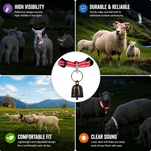 Vista 5 de Paquete de 5 collares reflectantes de cabra con campanas, collar para mascotas antipérdida Adjustable Nylon Collar & Sheep Grazing Copper Bells