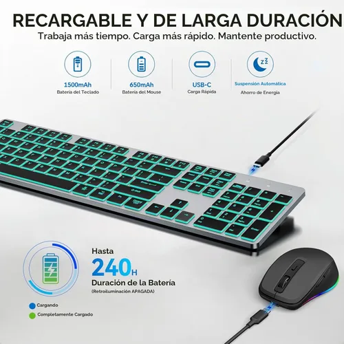 Vista 7 de Teclado inalámbrico silencioso y mouse retroiluminado, combo de teclado plano silencioso recargable, mouse Jiggle, mouse delgado inalámbrico de 2.4