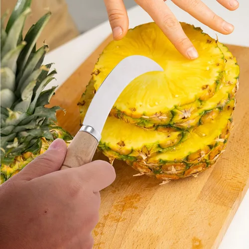 Vista 6 de Abaodam Cuchillo de piña curvado cortador de frutas de acero inoxidable mini cuchillo de hoz para cocina hogar restaurante uso